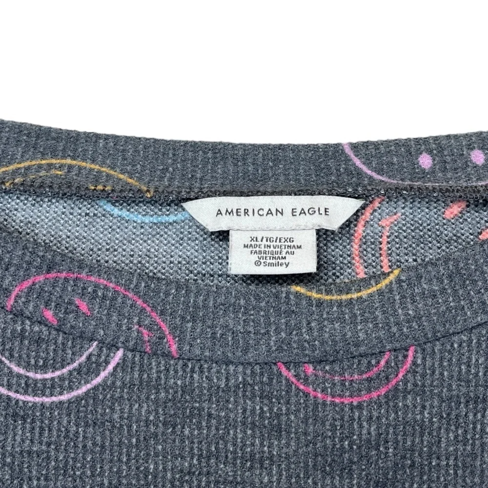 American Eagle Relaxed Waffle Knit Smiley Black Charcoal Pajama PJ Set size XL - Picture 4 of 7